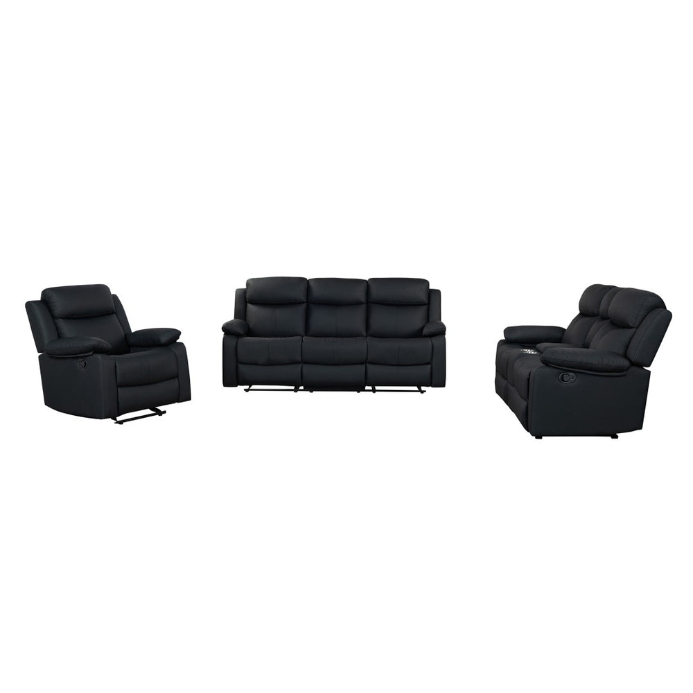 English Elm Blanche 3 Piece Reclining Sofa Set with Led Lighting Speakers and Glider Recliner Black B201S00466