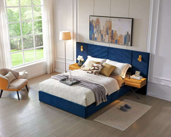 English Elm King Modern Floating Bedside Tables with LED Lights, Crossed Metal Legs & Single Drawer Storage, Durable Wood Retro Blue W1793S00005