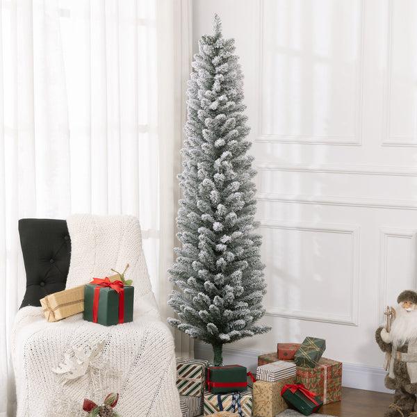 English Elm Homcom 6Ft Snow Flocked Pencil Christmas Tree - Realistic Design, Space-Saving & Easy Assembly W2225P249624