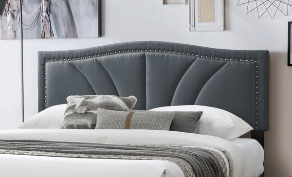 English Elm Modern Burlap Upholstered Platform Bed Nailhead Trim Sloped Headboard Charcoal B011P418594