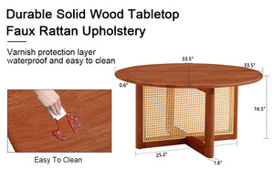 English Elm A natural deep red wooden coffee table with rattan accents, sleek modern design and easy 10-15min assembly W1512P363031