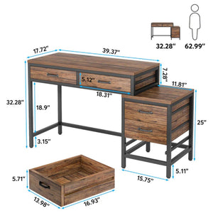 English Elm Industrial Writing Desk with File Cabinet Five Drawers Rustic Brown Home Office T3971P449902