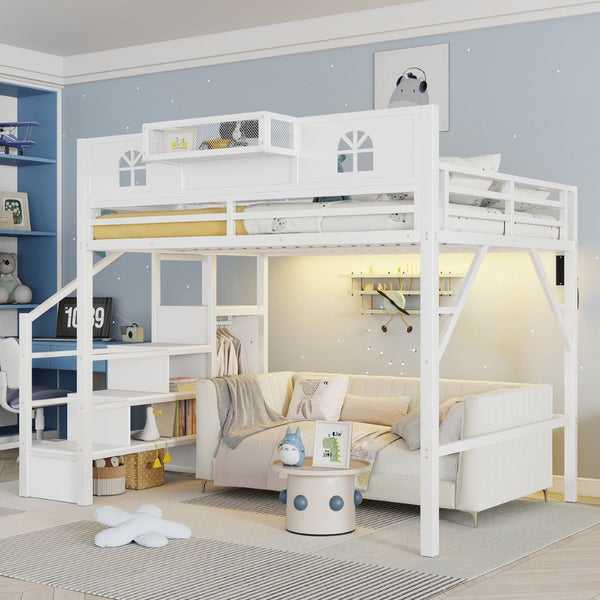 English Elm Metal Queen Loft Bed with L Shaped Desk Wardrobe Led Lighting and Usb for Teens White W2593S00057