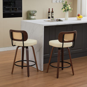 English Elm Set of 2 Rattan Counter Stools with Cane Back and PU Upholstery, 360° Swivel, Walnut Craftsmanship Beige W1143P300156