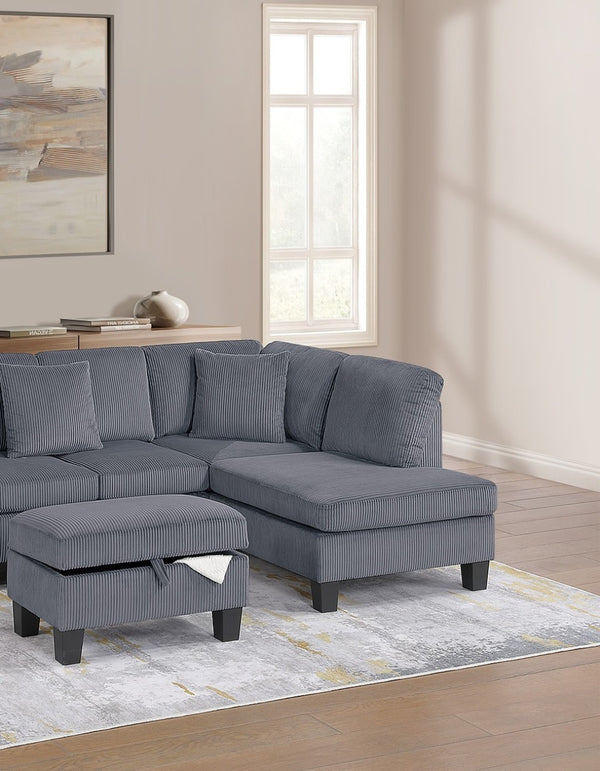 English Elm 3pc Corduroy Sectional Sofa Set with RAF Chaise, Storage Ottoman & Accent Pillows for Cozy Living Dark Gray 20 L x 13 W x 30 H B011S01763