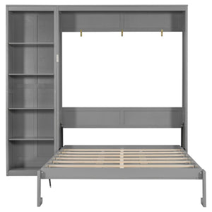 English Elm Queen Murphy Wall Bed with Side Shelving Folds Flush Into Mdf Cabinet for Studio Rooms Gray LP000697AAE-2