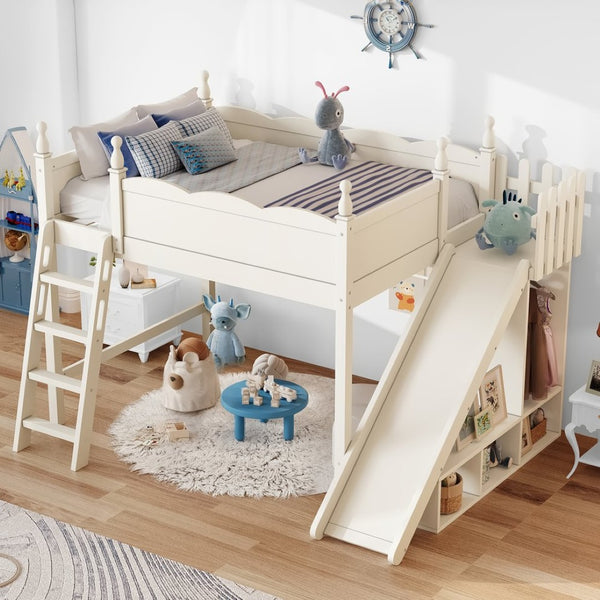 English Elm Twin Loft Bed Solid Pine Frame with Wardrobe Shelving Detachable Slide Kids Room Beige W5305S00023