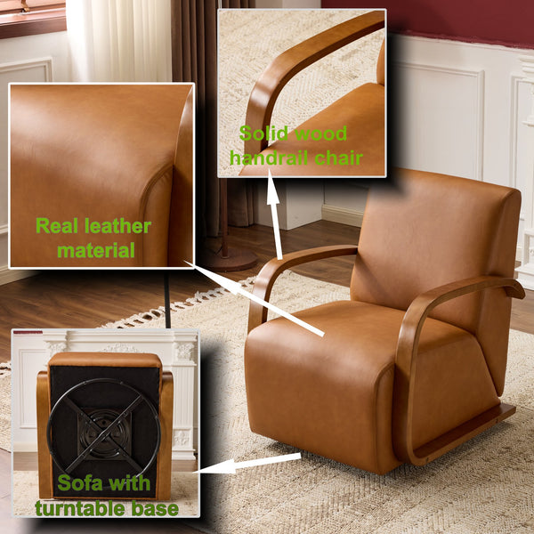 English Elm single-person ergonomic swivel leisure sofa chair in antique brown faux leather with casters and lumbar support W3248P354244