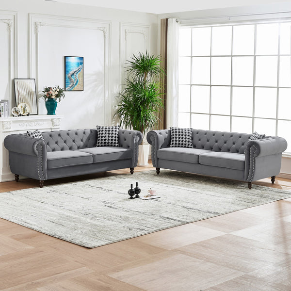 English Elm 3+3 Seater Chesterfield Velvet Sofa Set - Elegant Roll Arm & Nailhead Design For Living Room Comfort W3373S00016