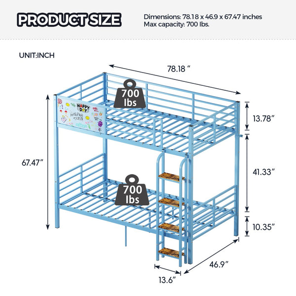 English Elm Metal Full Size Bunk Bed Convertible Steel Frame with Safety Guardrail for Kids W3752S00015