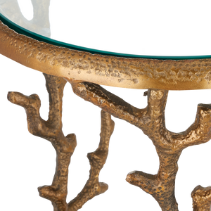 Coral Brass Accent Table - Artistic Coastal Design with Antique Finish & Removable Glass Top, 21" High