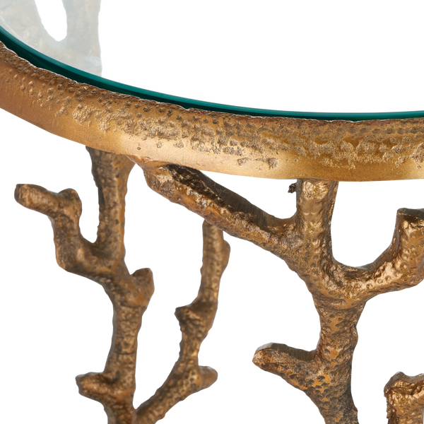Coral Brass Accent Table - Artistic Coastal Design with Antique Finish & Removable Glass Top, 21" High