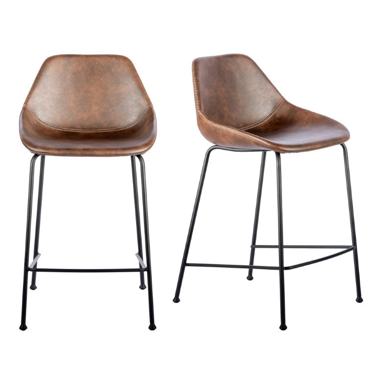 EuroStyle Corinna Industrial Faux Leather Counter Stools with Steel Base for Kitchen or Bar Dark Brown 30504BRN