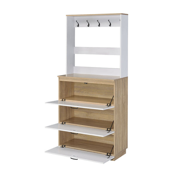 English Elm Light Oak 12-Pair Shoe Cabinet with 3 Drop-Down Drawers, 10 Metal Hooks, Durable 15mm Shelves - Space-Saving Entryway Storage (47.5" H x 32.5" W x 12.5" D) B062P189216