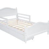 English Elm Twin Size Wood Platform Bed With Guardrails On Both Sides and Two Storage Drawers ,White