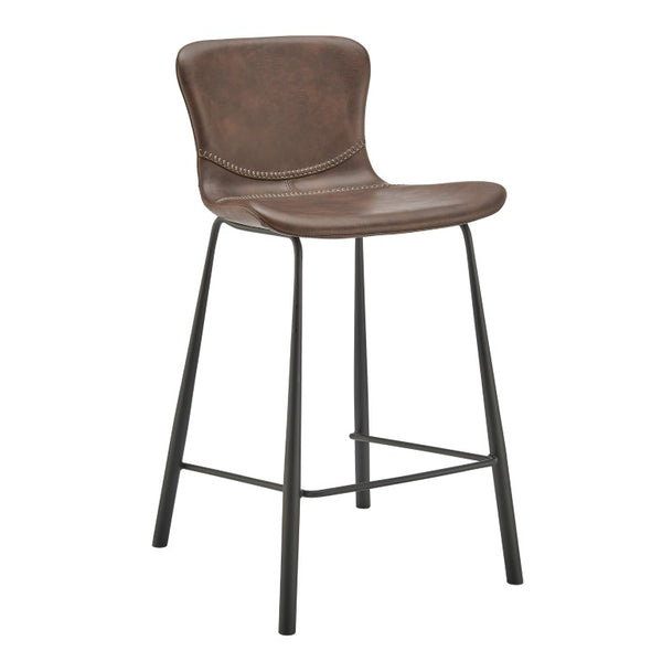 EuroStyle Melody Industrial Counter Stools Set of 2 Distressed Faux Leather Matte Steel Dark Brown 30512BRN