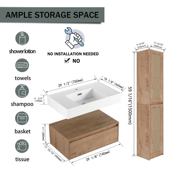 English Elm 30 Inch Wall-Mounted Bathroom Vanity With Resin Sink & Soft Close Drawers - Modern Storage Solution W999S00354