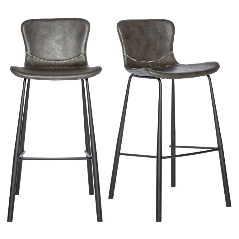 EuroStyle Melody Leatherette Bar Stools Set of 2 with Baseball Stitching and Steel Legs Charcoal Gray 30514DKGRY