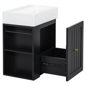 English Elm 20-Inch Compact Bathroom Vanity with Ceramic Sink, Wall-Mounted MDF Cabinet, Modern Space-Saver Design Black N725P314023B