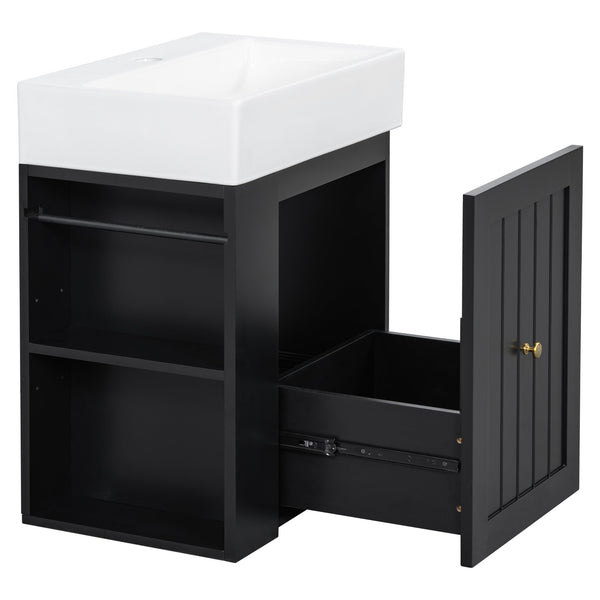 English Elm 20-Inch Compact Bathroom Vanity with Ceramic Sink, Wall-Mounted MDF Cabinet, Modern Space-Saver Design Black N725P314023B
