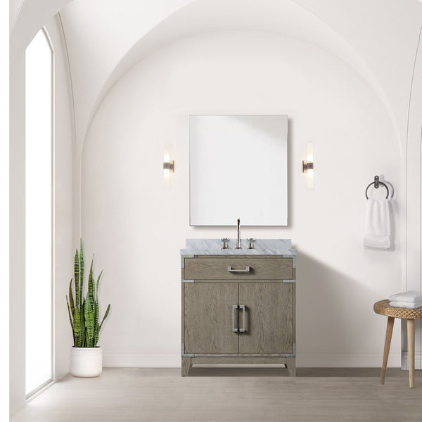 English Elm Grey Oak Single Bath Vanity With Carrara Marble Top & Mirror - 30" W Stylish Storage Solution B2731S01456