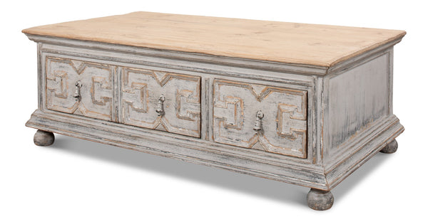 Sarreid Base & Crown Coffee Table - Antique Swedish Grey Finish With Old Pine & Iron Accents, Stylish Design White  30524