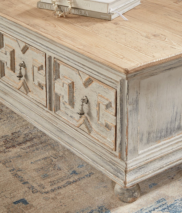 Sarreid Base & Crown Coffee Table - Antique Swedish Grey Finish With Old Pine & Iron Accents, Stylish Design White  30524