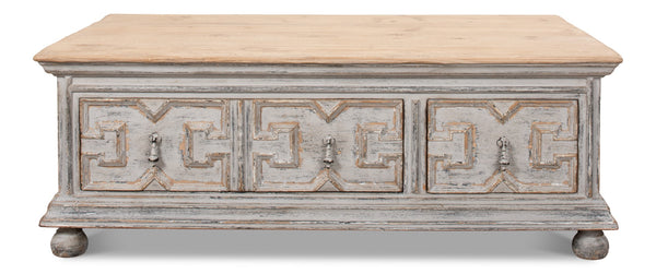 Sarreid Base & Crown Coffee Table - Antique Swedish Grey Finish With Old Pine & Iron Accents, Stylish Design White  30524