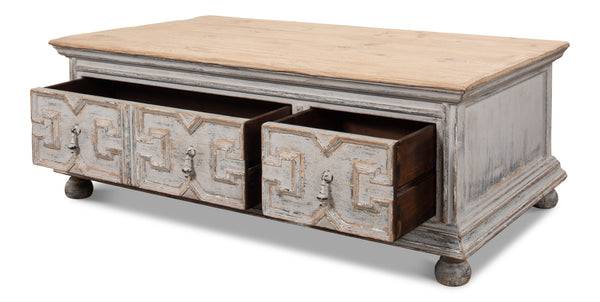 Sarreid Base & Crown Coffee Table - Antique Swedish Grey Finish With Old Pine & Iron Accents, Stylish Design White  30524