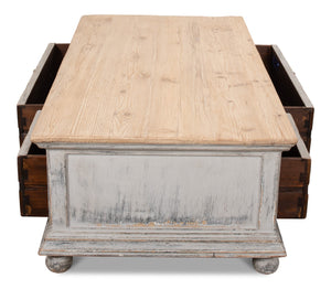 Sarreid Base & Crown Coffee Table - Antique Swedish Grey Finish With Old Pine & Iron Accents, Stylish Design White  30524