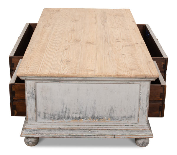 Sarreid Base & Crown Coffee Table - Antique Swedish Grey Finish With Old Pine & Iron Accents, Stylish Design White  30524