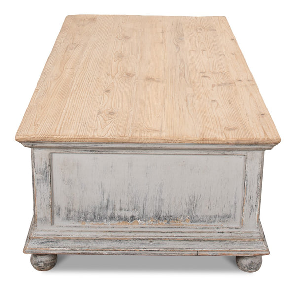 Sarreid Base & Crown Coffee Table - Antique Swedish Grey Finish With Old Pine & Iron Accents, Stylish Design White  30524