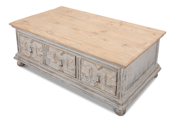 Sarreid Base & Crown Coffee Table - Antique Swedish Grey Finish With Old Pine & Iron Accents, Stylish Design White  30524