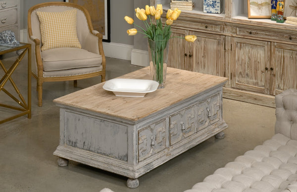 Sarreid Base & Crown Coffee Table - Antique Swedish Grey Finish With Old Pine & Iron Accents, Stylish Design White  30524