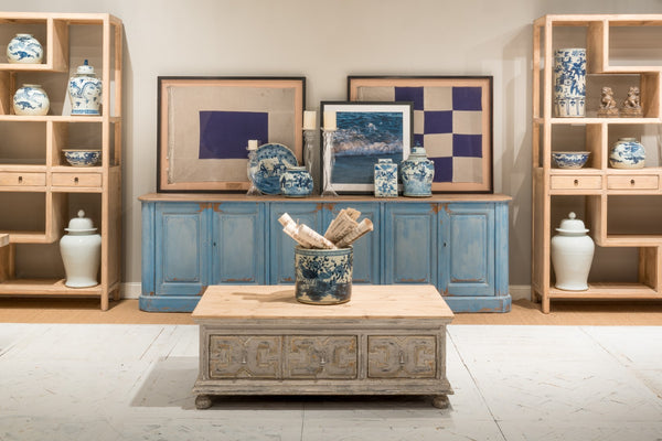 Sarreid Base & Crown Coffee Table - Antique Swedish Grey Finish With Old Pine & Iron Accents, Stylish Design White  30524