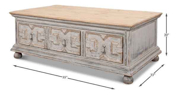 Sarreid Base & Crown Coffee Table - Antique Swedish Grey Finish With Old Pine & Iron Accents, Stylish Design White  30524