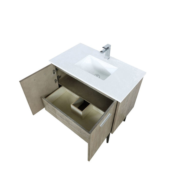 English Elm Rustic Acacia Bath Vanity 36" W X 20" D With White Quartz Top & Chrome Faucet - Organized Elegance! B2731P259610-GIGA