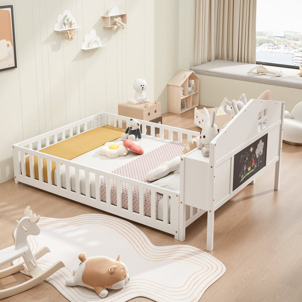 English Elm Full-size Montessori Floor Bed with Built-In Bookcase and Chalkboard, Space-Saving Solid Wood Platform for Kids White 56.3 L x 17.32 W x 5.31 H W1716S00012