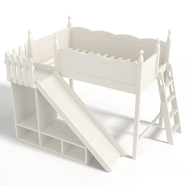 English Elm Twin Loft Bed Solid Pine Frame with Wardrobe Shelving Detachable Slide Kids Room Beige W5305S00018