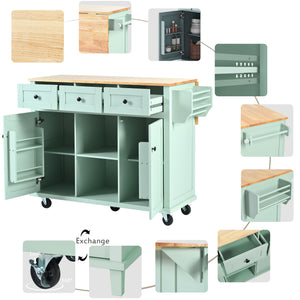 English Elm Kitchen Cart with Drop-Leaf Rubberwood Countertop, Rolling Island with Cabinet, Drawers & Racks for Dining Room - Stylish Durable Storage Solution Mint Green WF298028AAE