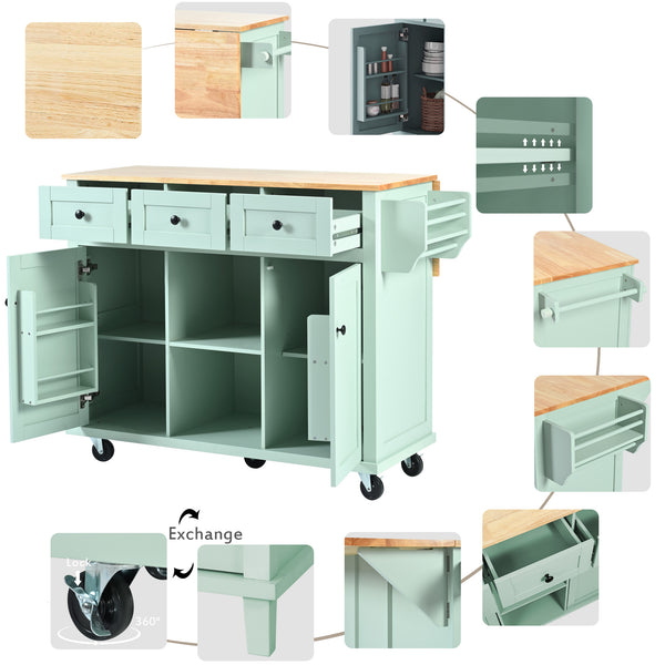 English Elm Kitchen Cart with Drop-Leaf Rubberwood Countertop, Rolling Island with Cabinet, Drawers & Racks for Dining Room - Stylish Durable Storage Solution Mint Green WF298028AAE