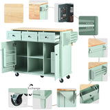 English Elm Kitchen Cart With Rubber Wood Drop-Leaf Countertop ,Cabinet Door Internal Storage Racks,Kitchen Island On 5 Wheels With Storage Cabinet and 3 Drawers For Dinning Room, Mint Green