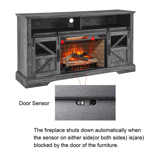 English Elm 60 Inch Farmhouse Electric Fireplace Tv Stand with Led Flame and Cabinet Storage Dark Oak W1769S00003