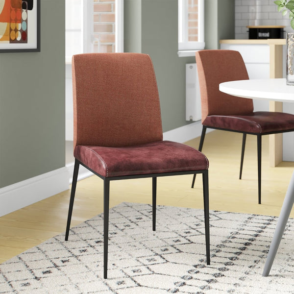 Eurostyle Rasmus Side Chair Set Of 2 - Saddle Brown Leatherette & Woven Orange Fabric, Modern Matte Black Legs Saddle Brown Steel 30557dkbrn