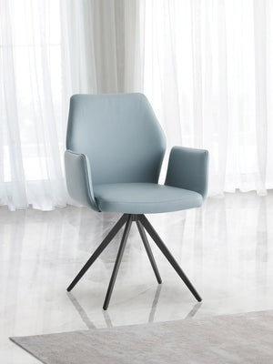 English Elm Segismunda Light Blue Leather Swivel Armchair with Black Metal Legs, Top-Grain Upholstery, 220lbs Capacity B2726P348936