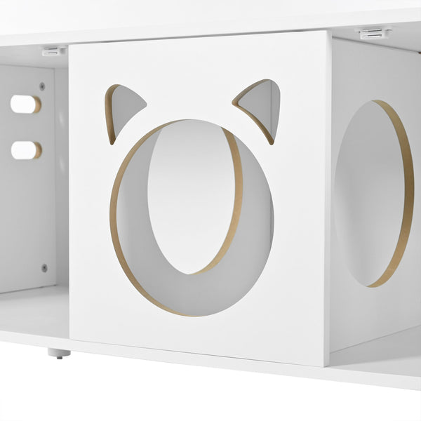 English Elm Modern Wood Cat Cabinet with Sisal Scratcher, Magnetic Litter Box Enclosure with Storage & Hooks, Cream White N843P252373C