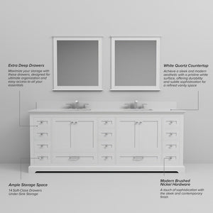 English Elm White Double Bath Vanity 84" W X 22" D With White Quartz Top, Storage Galore & Faucet Set Included B2731P258421-GIGA
