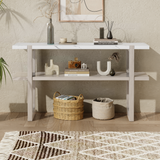 Trexm Retro Console Table w/ Marble-Effect Top & Storage, Entryway/Living Room (Gray Wash)