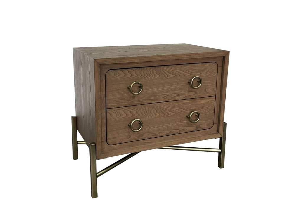 English Elm 2 Drawer Nightstand with USB Ports, Latte Elm Veneer, Solid Wood+MDF, Felt & Cedar Lined Drawers, Metal Base B2699P226102