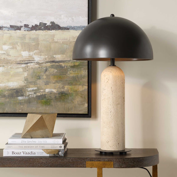 Uttermost Tanaka Travertine Stone Base Indoor Outdoor Lamp with Bronze Dome Shade